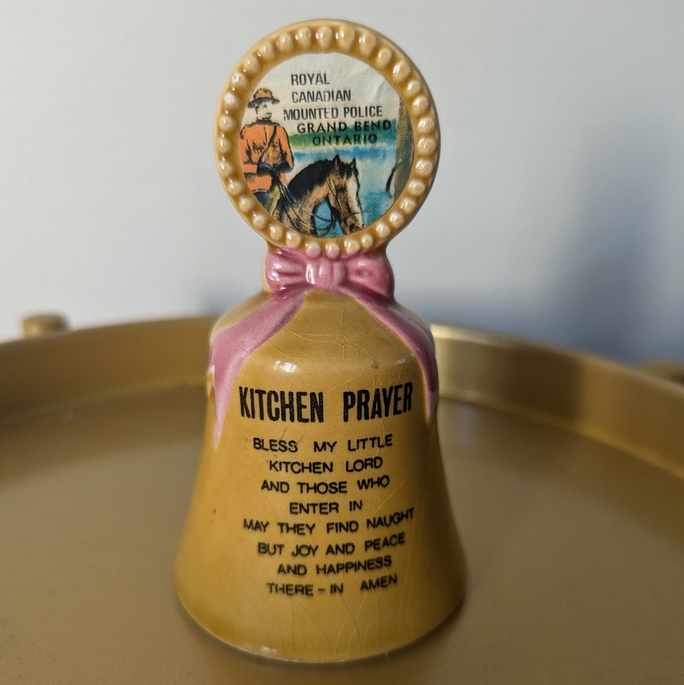 Vintage Ceramic RCMP Grandbend Souvenir Kitchen Prayer Bell with Pink Ribbon
